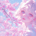 春の桜に包まれる少女の幻想的なイラスト。優しいピンクの花びらと澄んだ青空が、美しい春の情景を演出する。