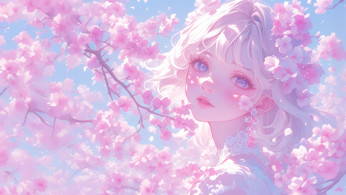 春の桜に包まれる少女の幻想的なイラスト。優しいピンクの花びらと澄んだ青空が、美しい春の情景を演出する。